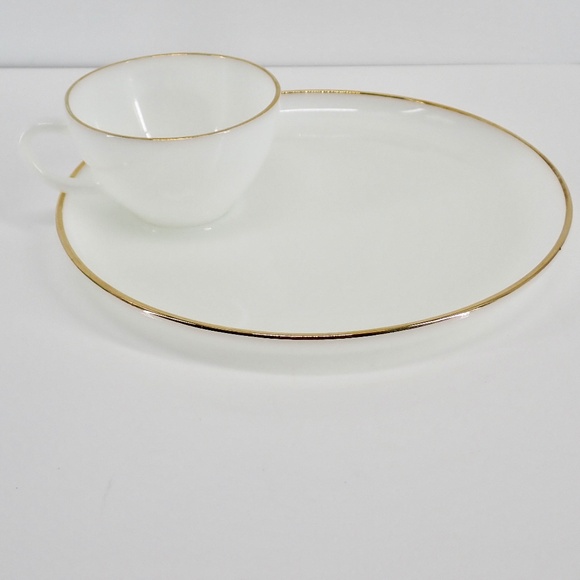 Fire King Anchor Hocking 22k Gold Rim Milk Glass Tea Cup Snack Plate Set Vintage - Picture 12 of 12